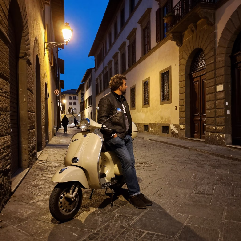 Midnight Florence Street Scene with Vintage Scooter and Local Interaction in in Florence, Italy