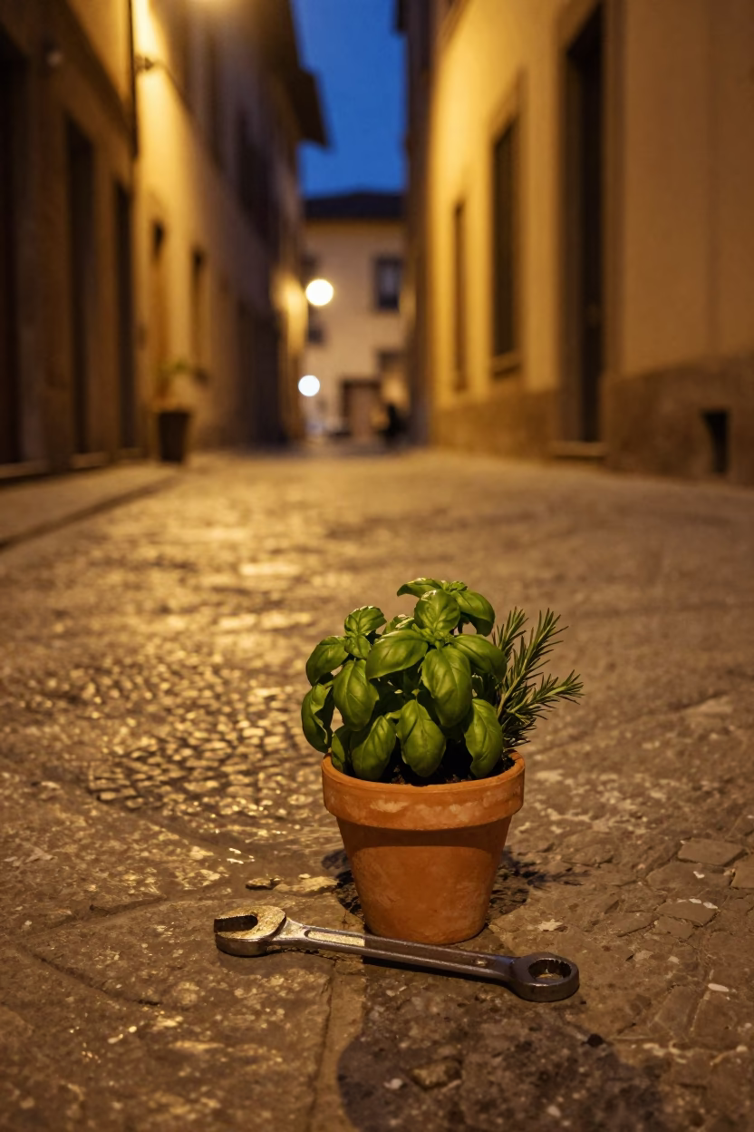 Midnight Florence Street Scene with Wrench and Potted Herbs on Cobblestone in in Florence, Italy