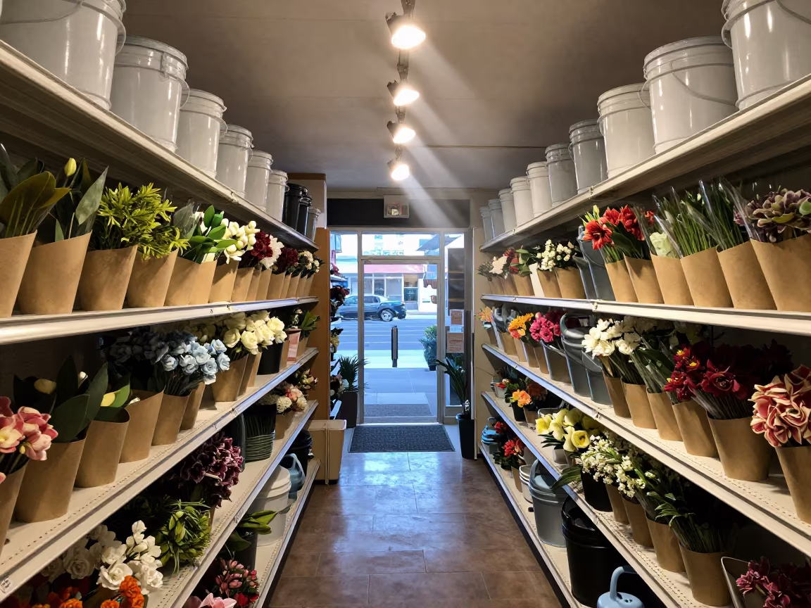 Midnight Florist Cooler with Stems and Buckets in inside a stockroom behind the sales floor in Phoenix