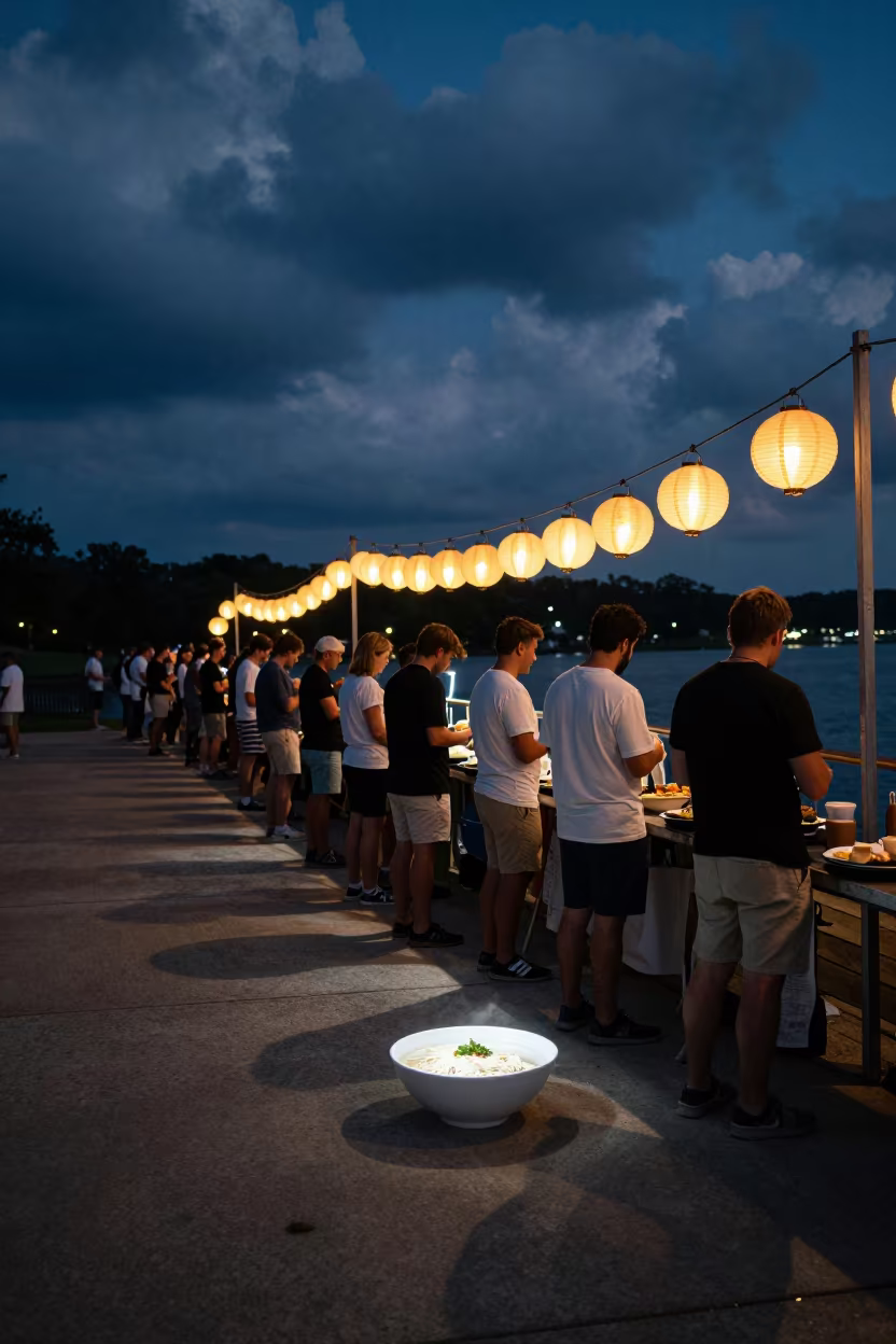 Midnight Food Queue Under Paper Lanterns Austin Waterfront in at a waterfront celebration near Austin