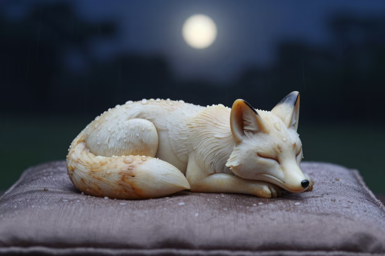 Midnight Fox Netsuke in Rain in in United Kingdom