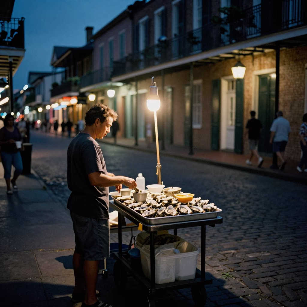Midnight French Quarter Street Scene with Oysters and Steam Haze in in New Orleans, Louisiana, United States