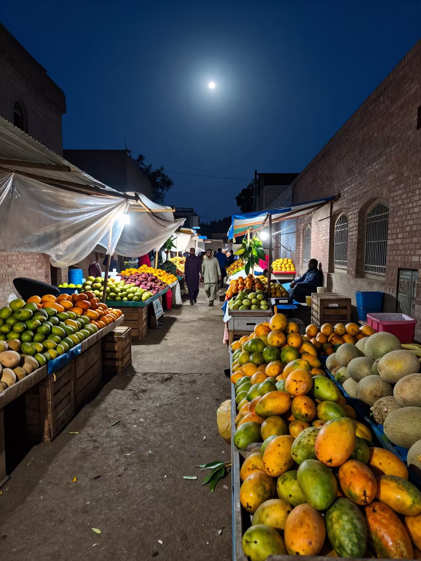 Midnight Fruit Market Faisalabad Moonlight in in the old quarter in Faisalabad