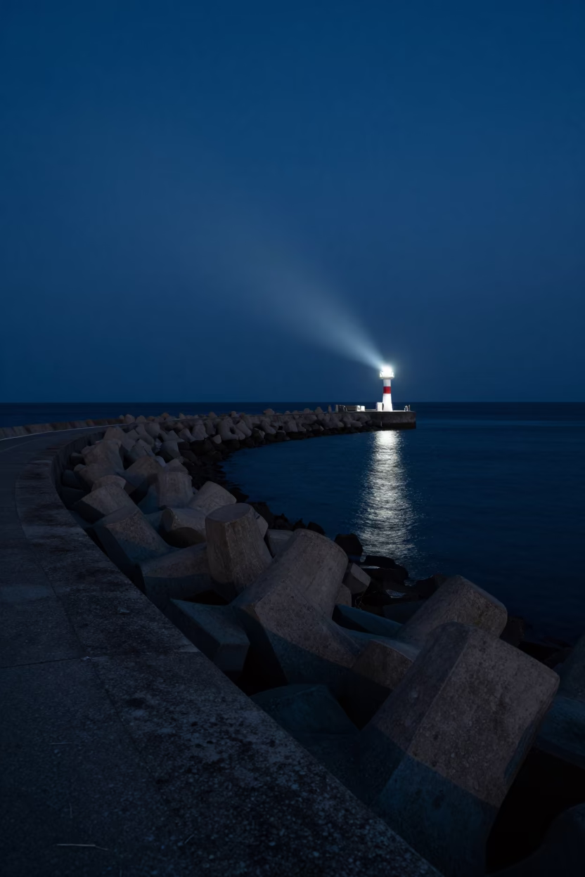 Midnight Fukuoka Harbor Breakwater Curve Leading to Lonely Beacon Under Starry Sky in in Fukuoka, Japan