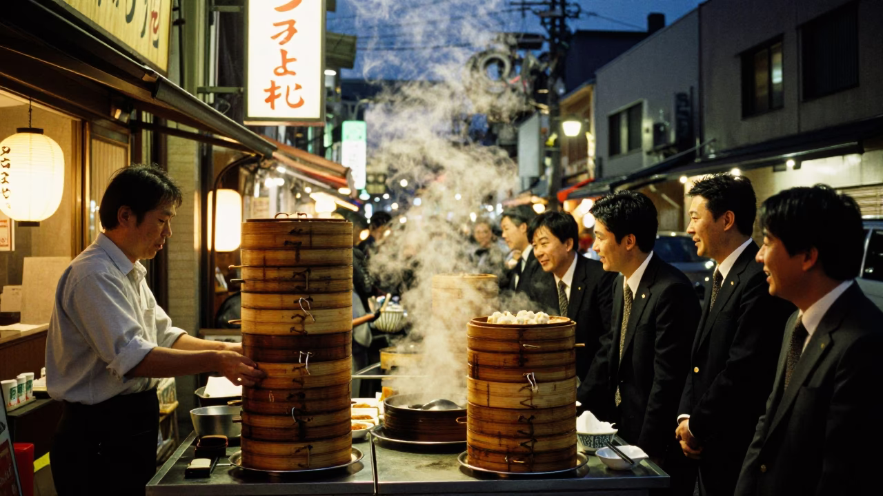 Midnight Fukuoka Street Scene with Dim Sum Steamers and Urban Nightlife in in Fukuoka, Japan