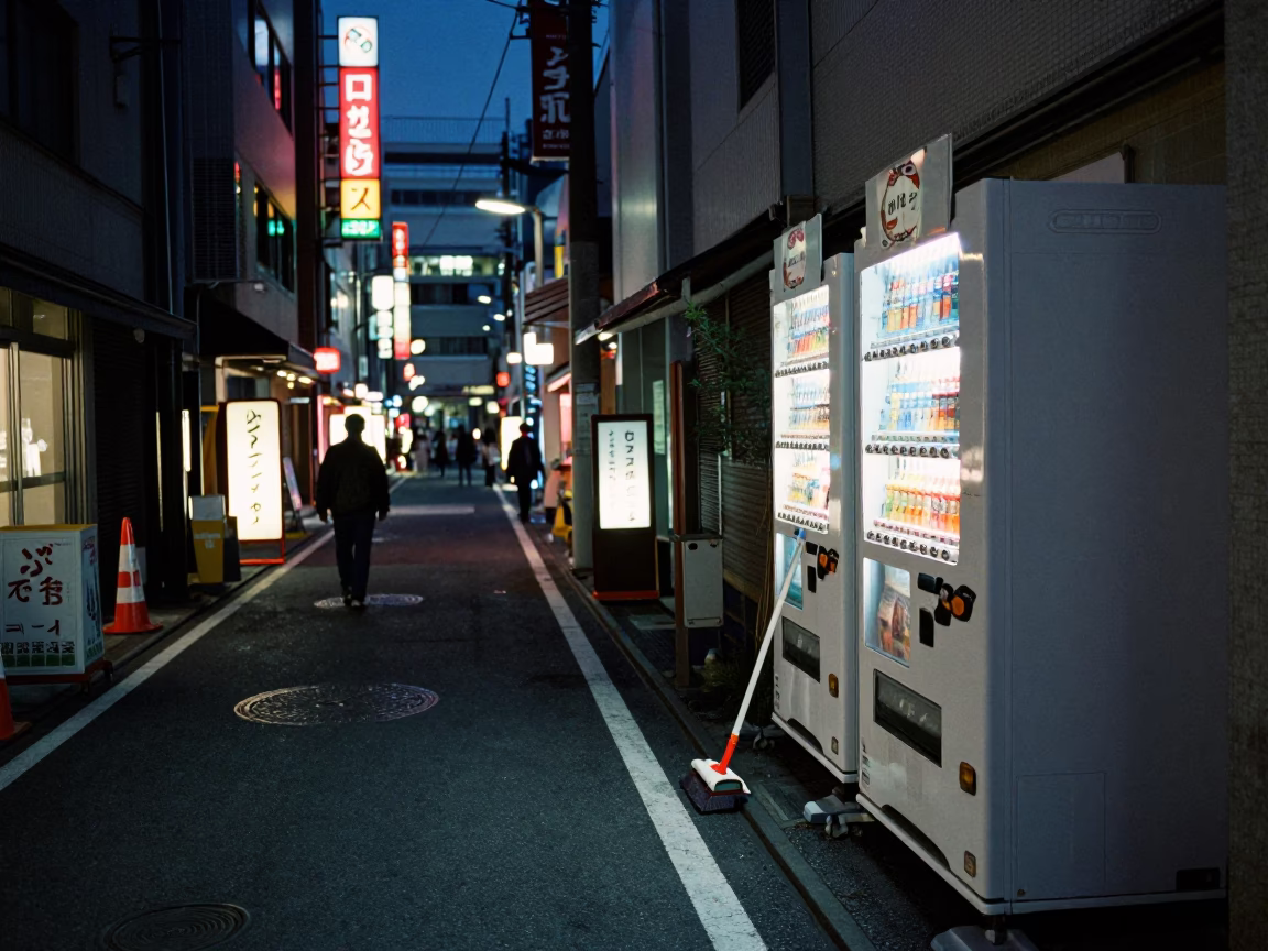 Midnight Fukuoka Street Scene with Neon Lights and Urban Details in in Fukuoka, Japan