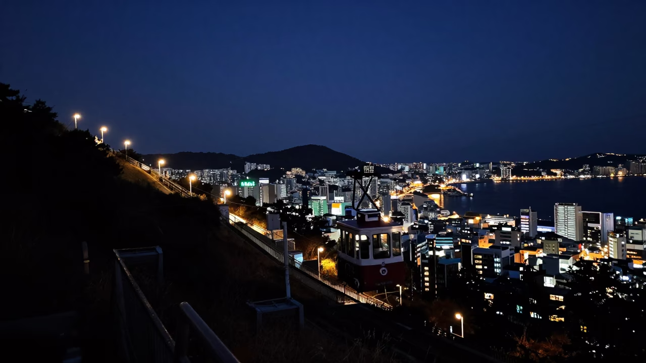 Midnight Funicular Ascent in Busan South Korea City Lights and Urban Hillside in in Busan, South Korea