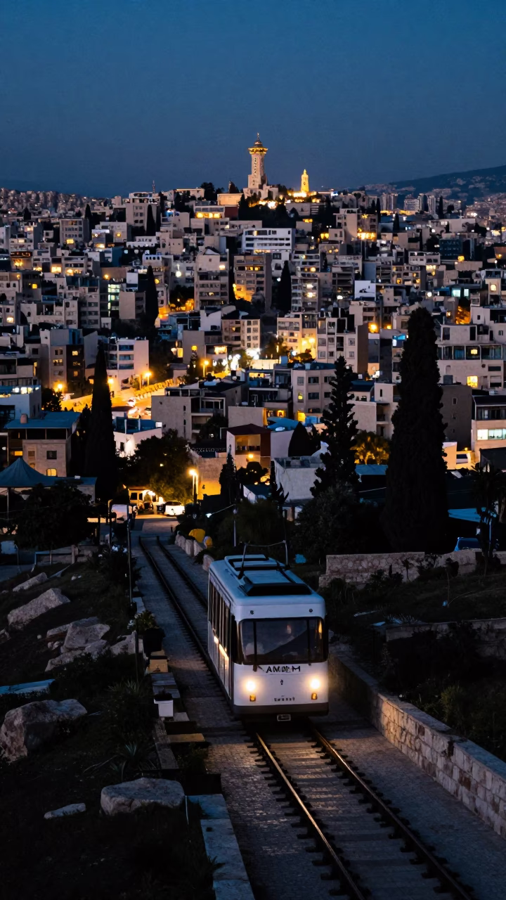 Midnight Funicular Ascent Through Terraced Gardens in Amman Jordan Cityscape in in Amman, Jordan