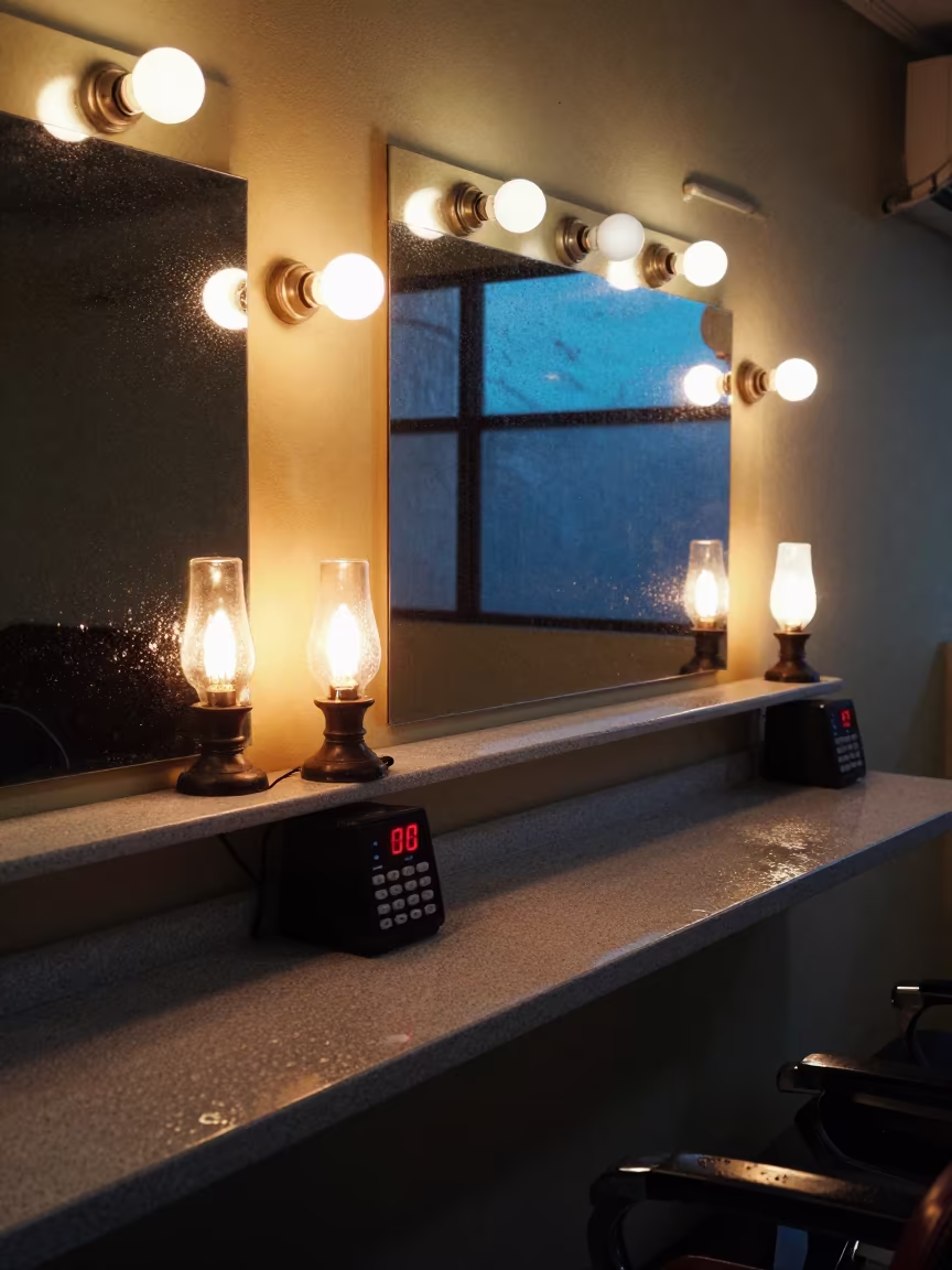 Midnight Gel Lamp Shelf in Barber Station in at a barber station beneath mirror bulbs in Ciudad Guayana
