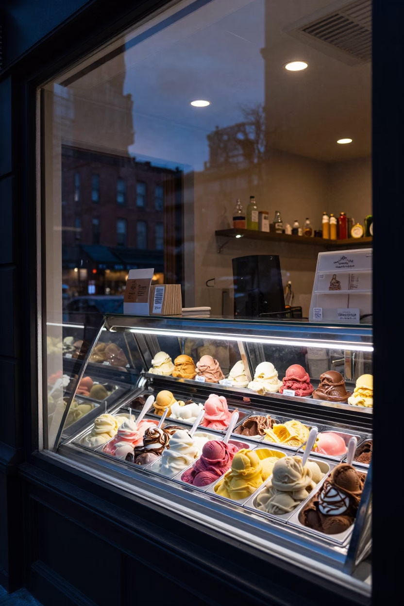 Midnight Gelato Display in New York City Shop Window with Reflections in in New York, New York, United States