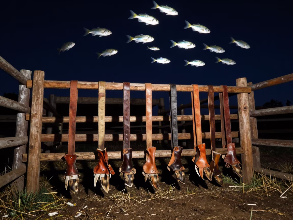 Midnight Goat Hoof Rack with Floating Tropical Fish in inside a ranch corral in Bolivia