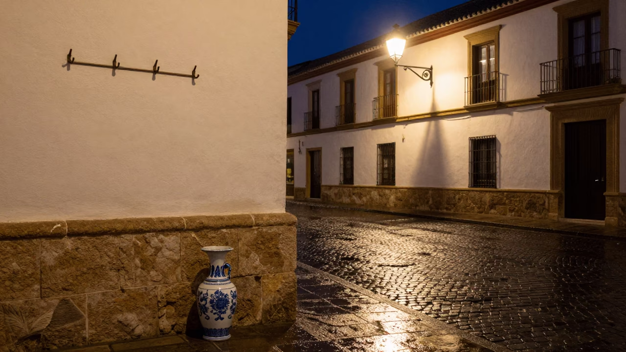 Midnight Granada Spain street scene with coat hook and porcelain details in in Granada, Spain