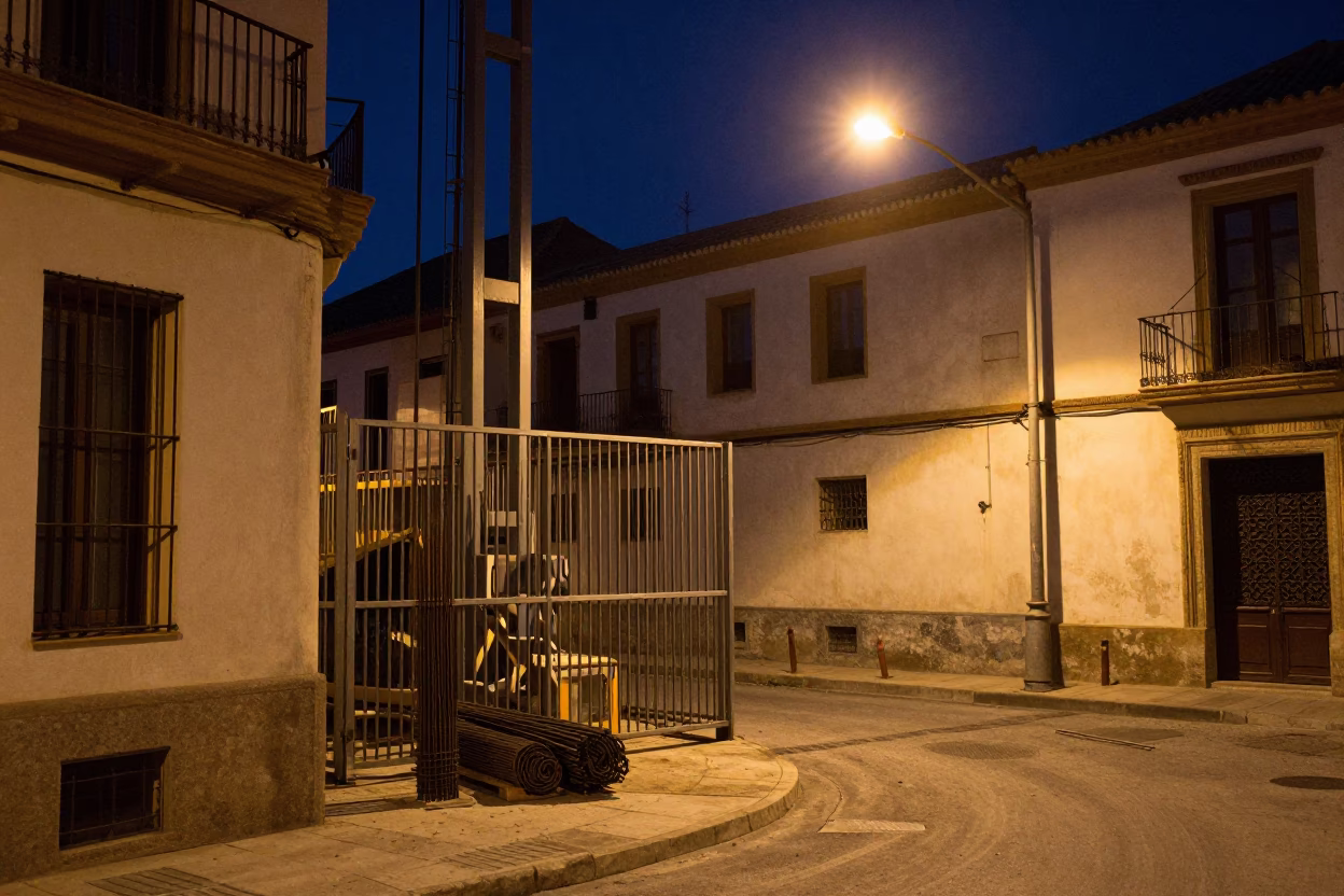 Midnight Granada Spain Street Scene with Ice Tongs and Construction Gate in in Granada, Spain