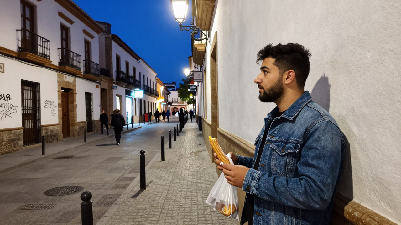 Midnight Granada Spain Street Scene with Neon Lights and Local Culture in in Granada, Spain