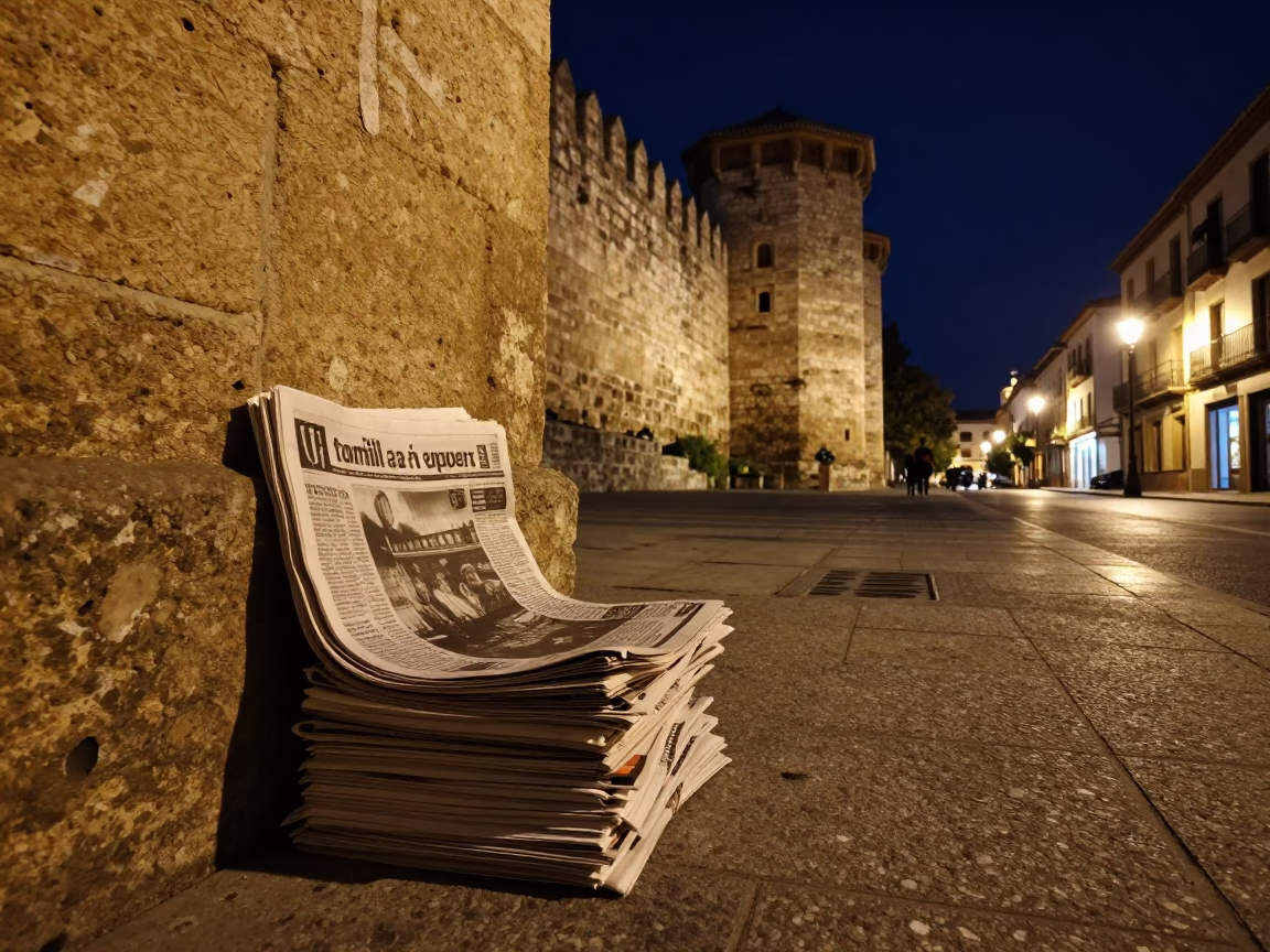 Midnight Granada Spain Street Scene with Newspaper Stack and Book Press in in Granada, Spain