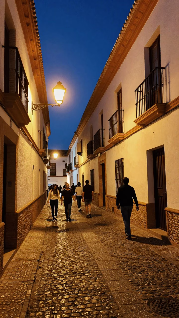 Midnight Granada Spain Street Scene with Vintage 1970s Aesthetic and Local Nightlife in in Granada, Spain