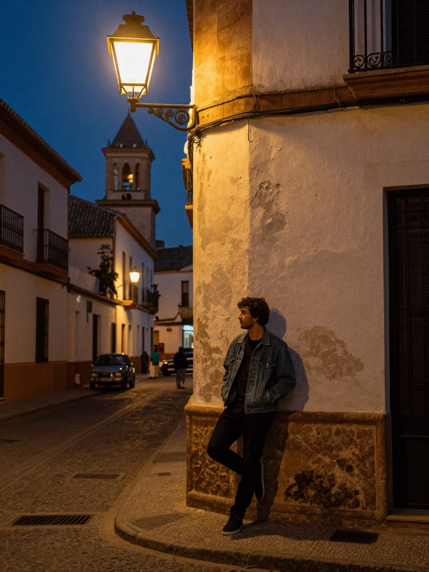 Midnight Granada Spain Street Scene with Vintage 1990s Aesthetic and Urban Details in in Granada, Spain
