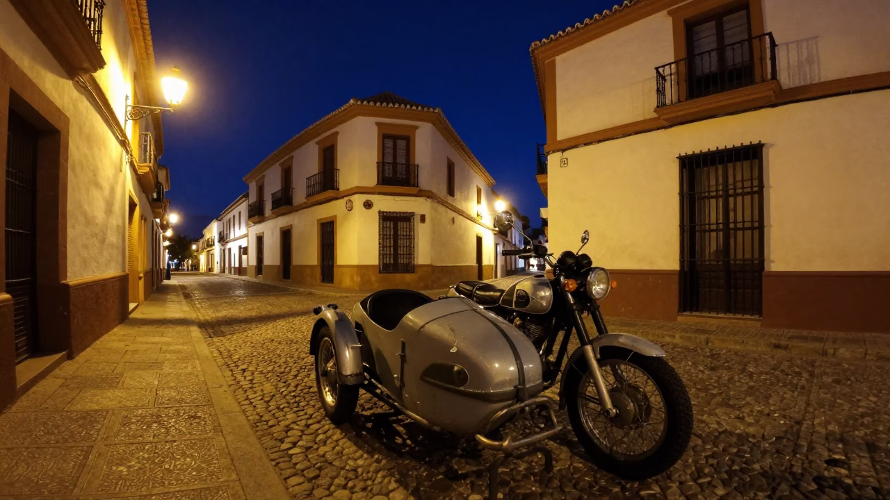 Midnight Granada Street Scene Vintage Motorcycle and Local Nightlife in in Granada, Spain
