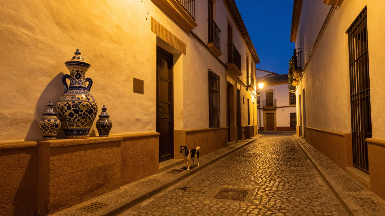 Midnight Granada Street Scene with Glazed Ceramic and Small Dog in in Granada, Spain