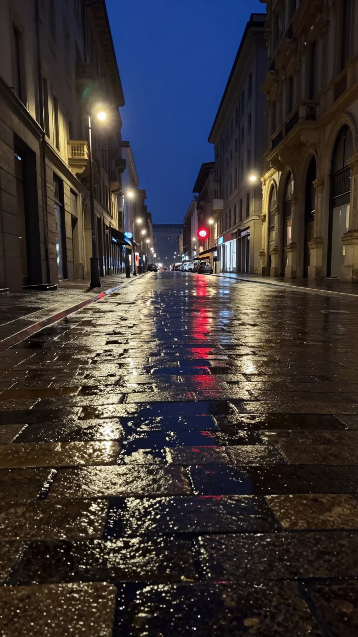 Midnight Grease Sheen on Milan Street Drain Reflecting Neon Lights in in Milan, Italy