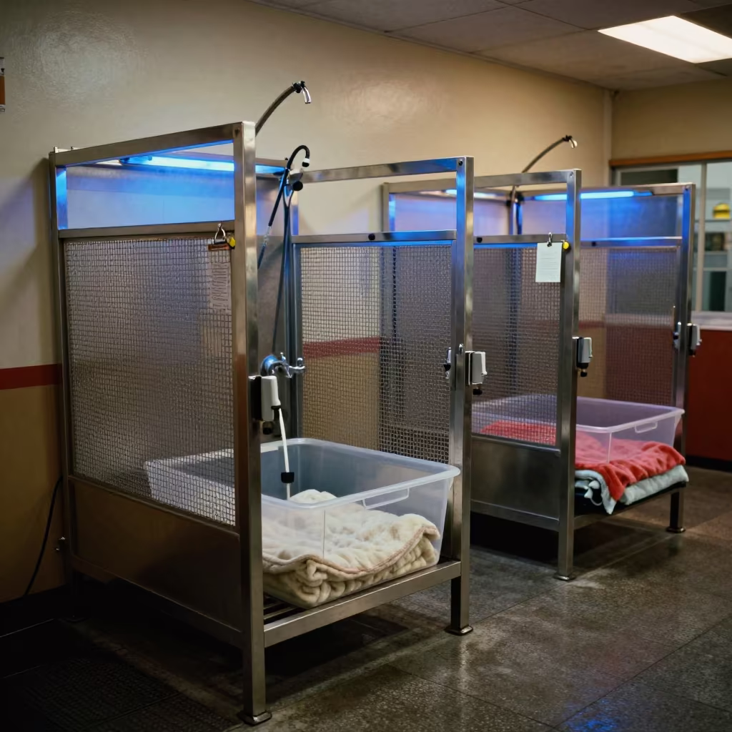 Midnight Grooming Rack with Tags and Bins in at a self-serve dog wash station near Tacna