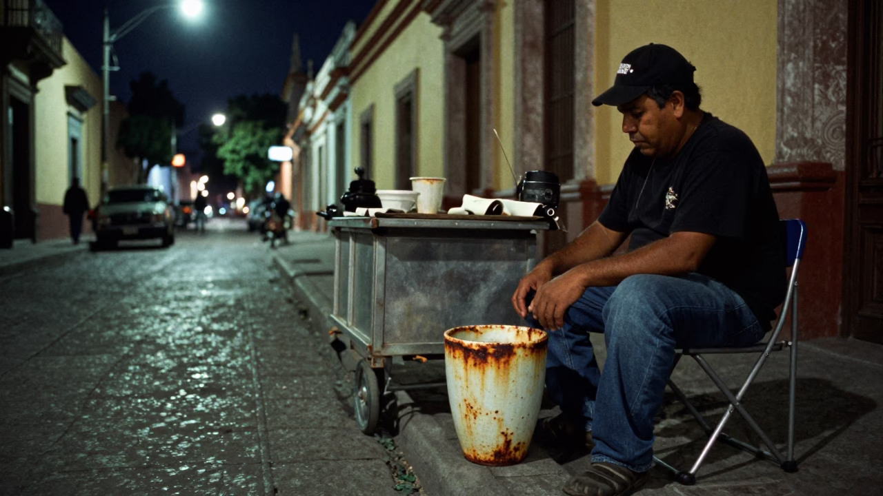 Midnight Guadalajara Street Scene with Rusty Cup and Soap Residue in in Guadalajara, Mexico