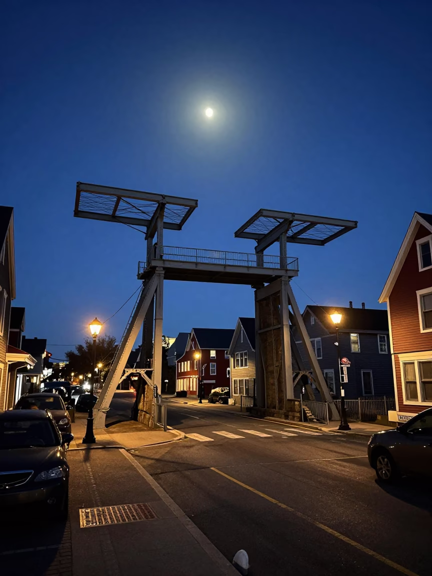 Midnight Halifax Nova Scotia Drawbridge and Tram Hill Street Scene in in Halifax, Nova Scotia, Canada