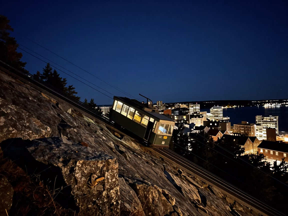 Midnight Halifax Nova Scotia Funicular Climbing Steep Hill at Night Realistic Photography in in Halifax, Nova Scotia, Canada