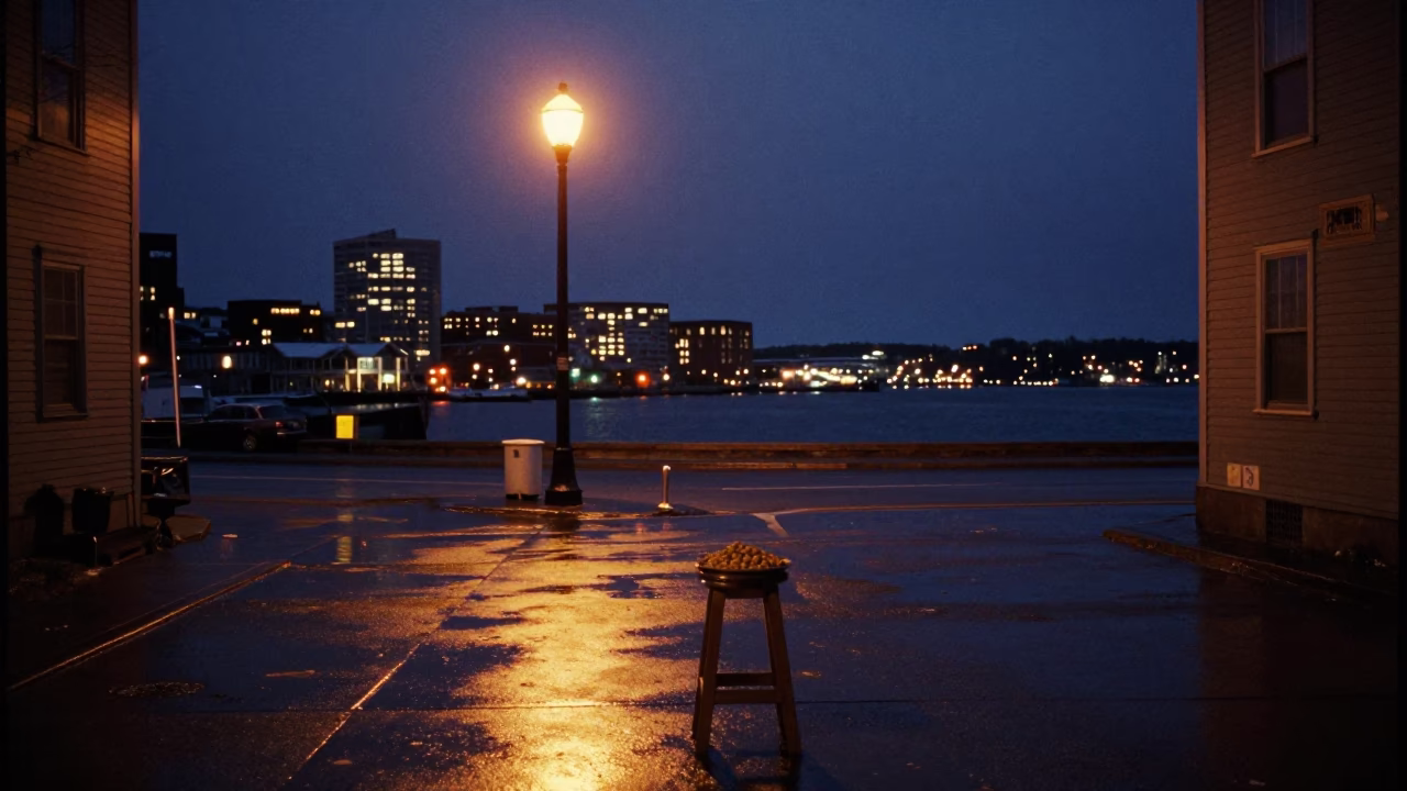 Midnight Halifax Nova Scotia Harbour Street Scene with Stool and Spice Jar in in Halifax, Nova Scotia, Canada