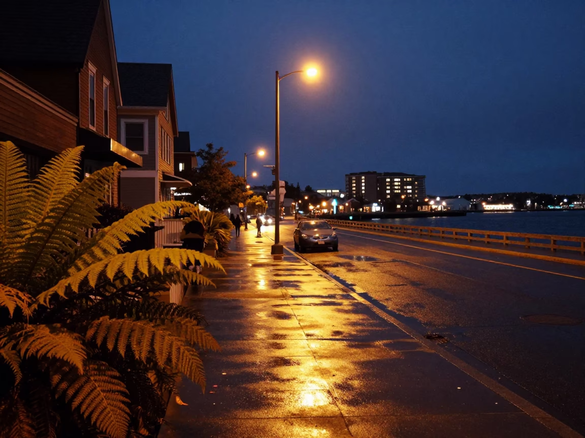Midnight Halifax Nova Scotia Street Scene with Ferns and Urban Architecture in in Halifax, Nova Scotia, Canada