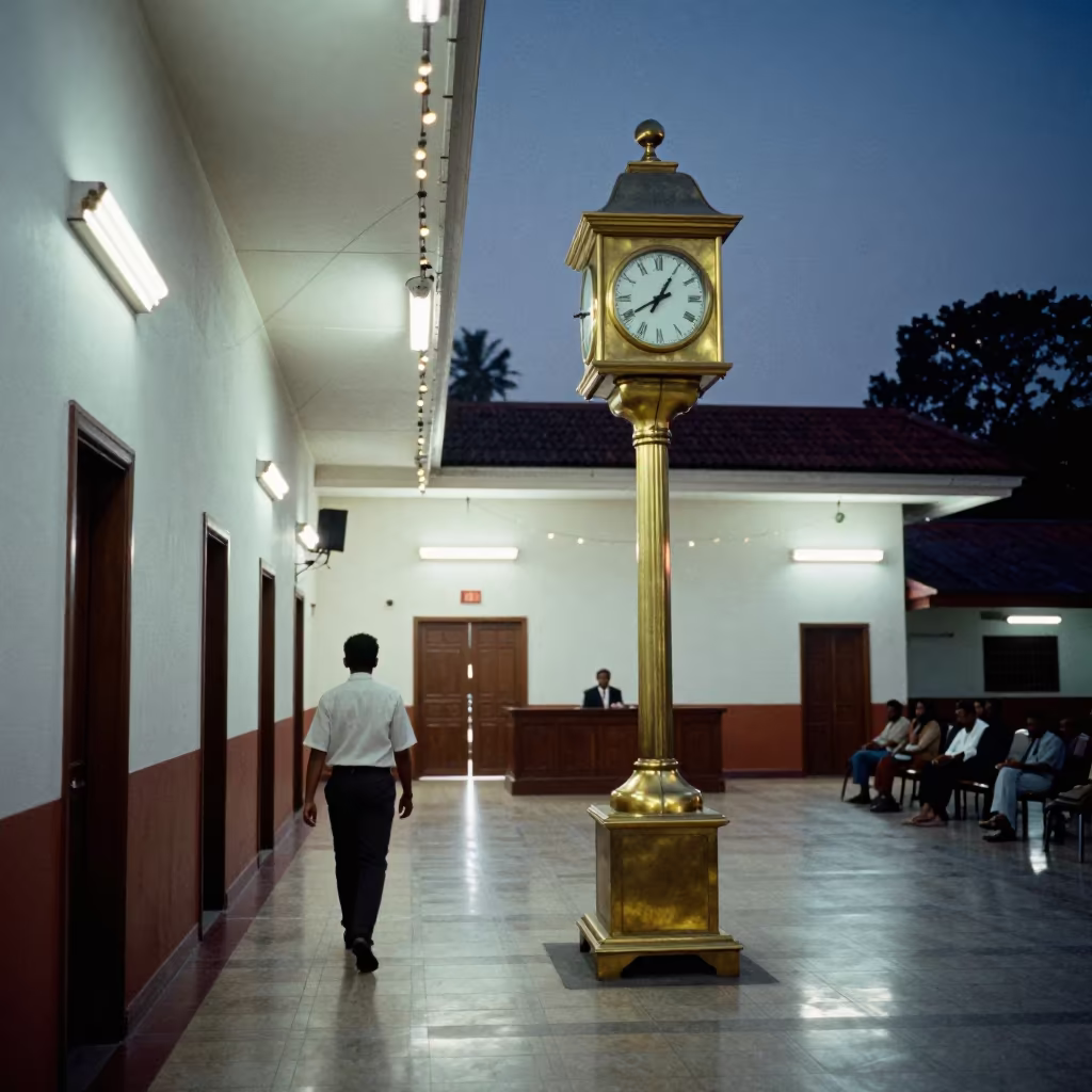 Midnight Hallway with Giant Galle Clock in in a fluorescent town hall meeting room near Galle
