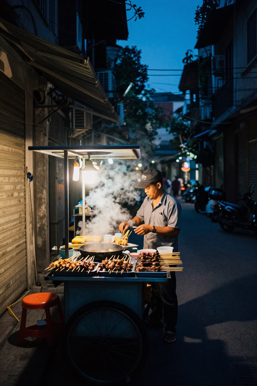 Midnight Hanoi Street Food Stall with Steam and Skewers in in Hanoi, Vietnam