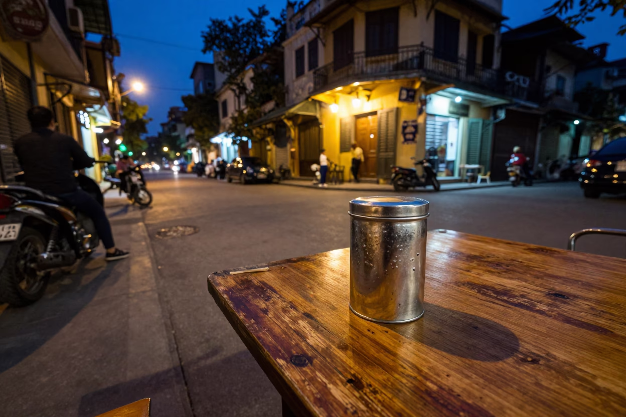 Midnight Hanoi Street Scene with Coffee Tin and Espresso Cup on Wooden Table in in Hanoi, Vietnam