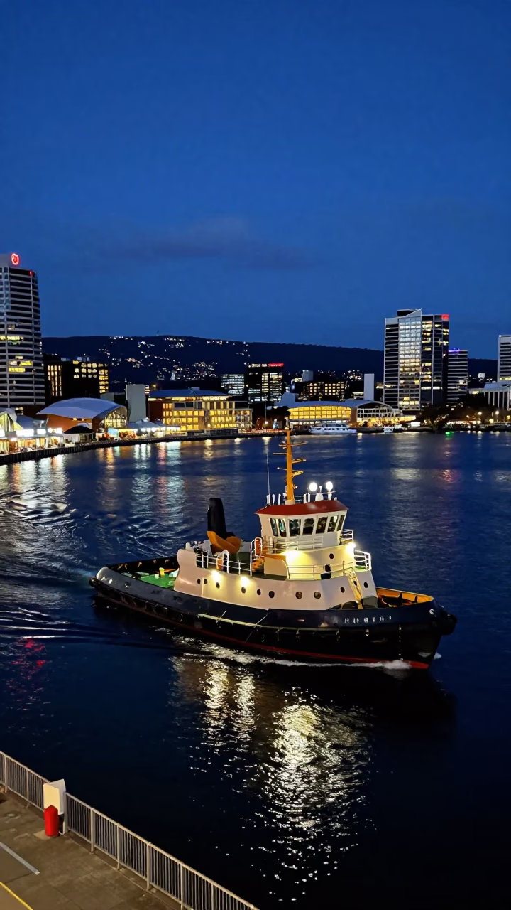 Midnight Harbor Activity in Hobart Tasmania Australia Tugboat and Night Lights in in Hobart, Tasmania, Australia