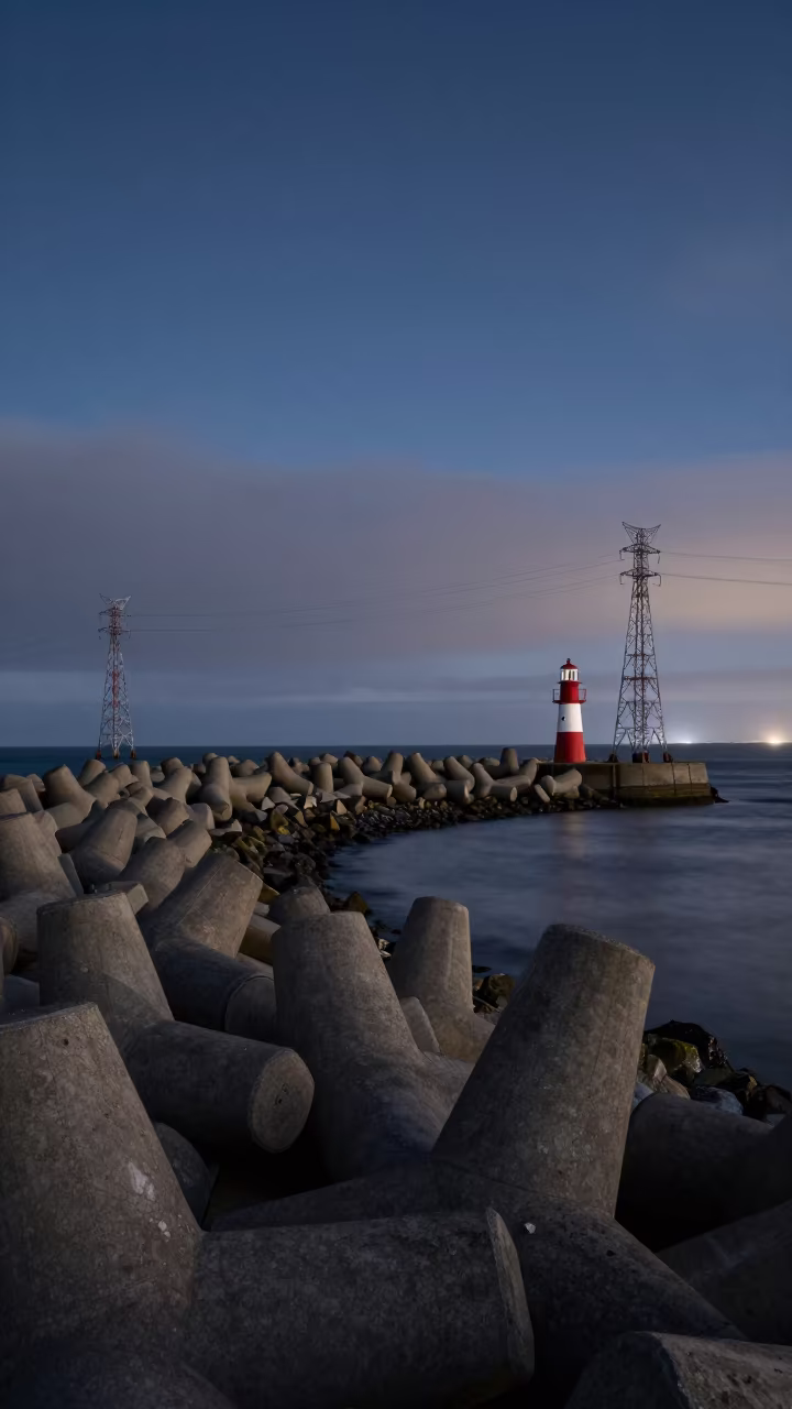 Midnight Harbor Beacon Curve Under Oregon Towers in beneath transmission towers in Oregon