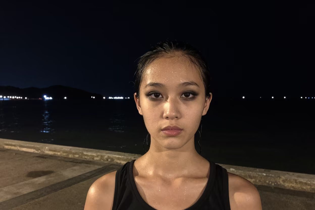 Midnight Harbor Dancer with Sweat and Kohl in at a harbor edge in Formosa