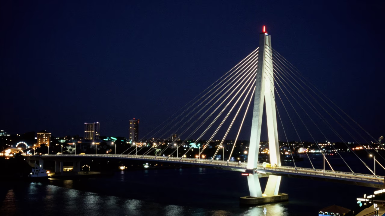 Midnight Harbor Scene at Durban South Africa with Cable Stayed Bridge Illumination in in Durban, South Africa