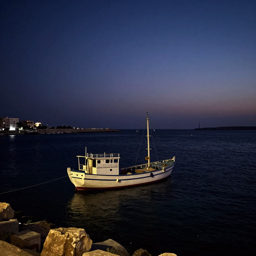 Midnight Harbor Scene in Alexandria Egypt with Junk Boat and Coastal Highway in in Alexandria, Egypt