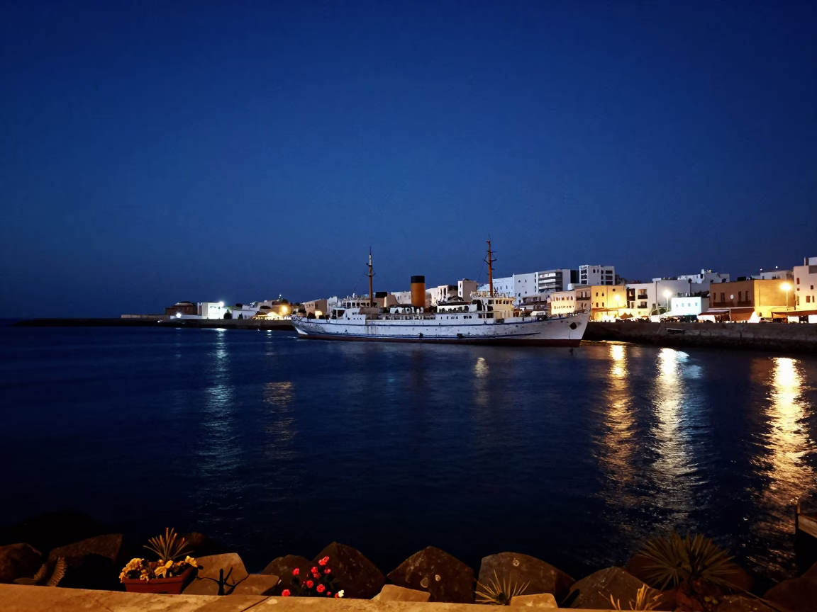 Midnight Harbor Scene in Essaouira Morocco with Steamship and Coastal Architecture in in Essaouira, Morocco