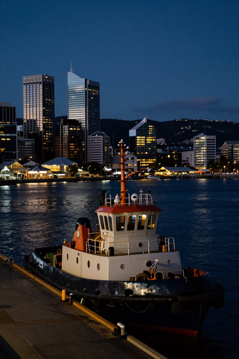 Midnight Harbor Scene in Hobart Tasmania with Tugboat and City Skyline in in Hobart, Tasmania, Australia