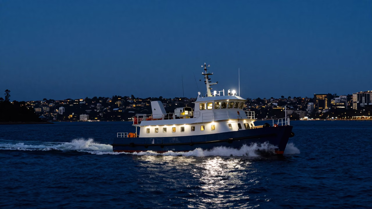 Midnight Harbor Scene with Pilot Boat Slicing Through Choppy Sydney Waters in in Sydney, New South Wales, Australia