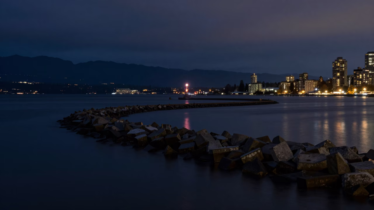 Midnight Harbor View from English Bay Breakwater in Vancouver British Columbia with Beacon Light in in Vancouver, British Columbia, Canada