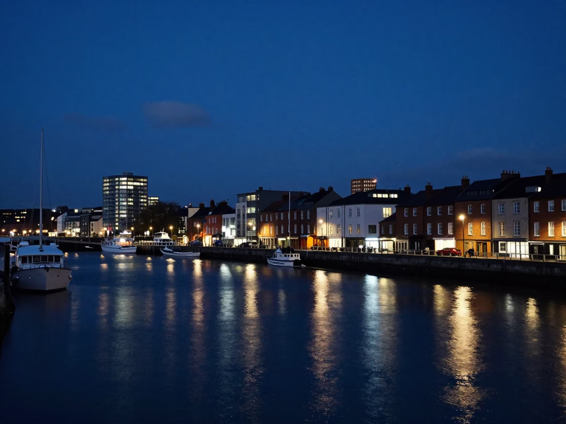 Midnight Harbor View of Bristol UK with Blue Hour Sky and Moored Fishing Boat in in Bristol, United Kingdom