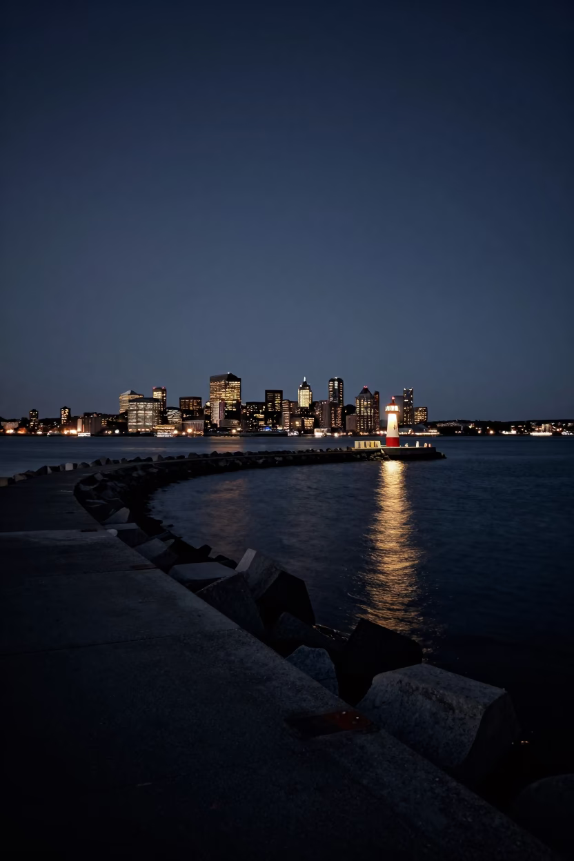 Midnight Harbor View of Halifax Nova Scotia Canada Breakwater and Beacon Lights in in Halifax, Nova Scotia, Canada