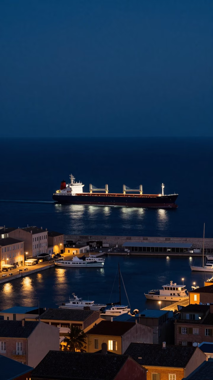 Midnight Harbor View of Marseille France with Cargo Ship on Horizon and Fishing Trawler in in Marseille, France