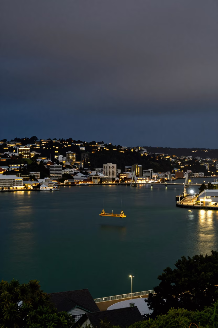 Midnight Harbor View of Wellington New Zealand Bridge Cradle and City Lights in in Wellington, New Zealand