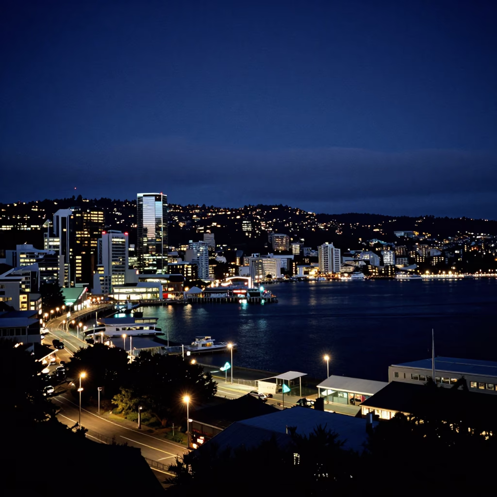 Midnight Harbor View of Wellington New Zealand Skyline and Waterfront Lights in in Wellington, New Zealand