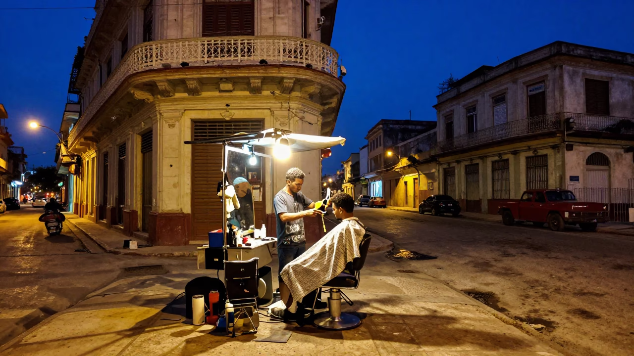 Midnight Havana Street Scene with Barber and Urban Details in in Havana, Cuba