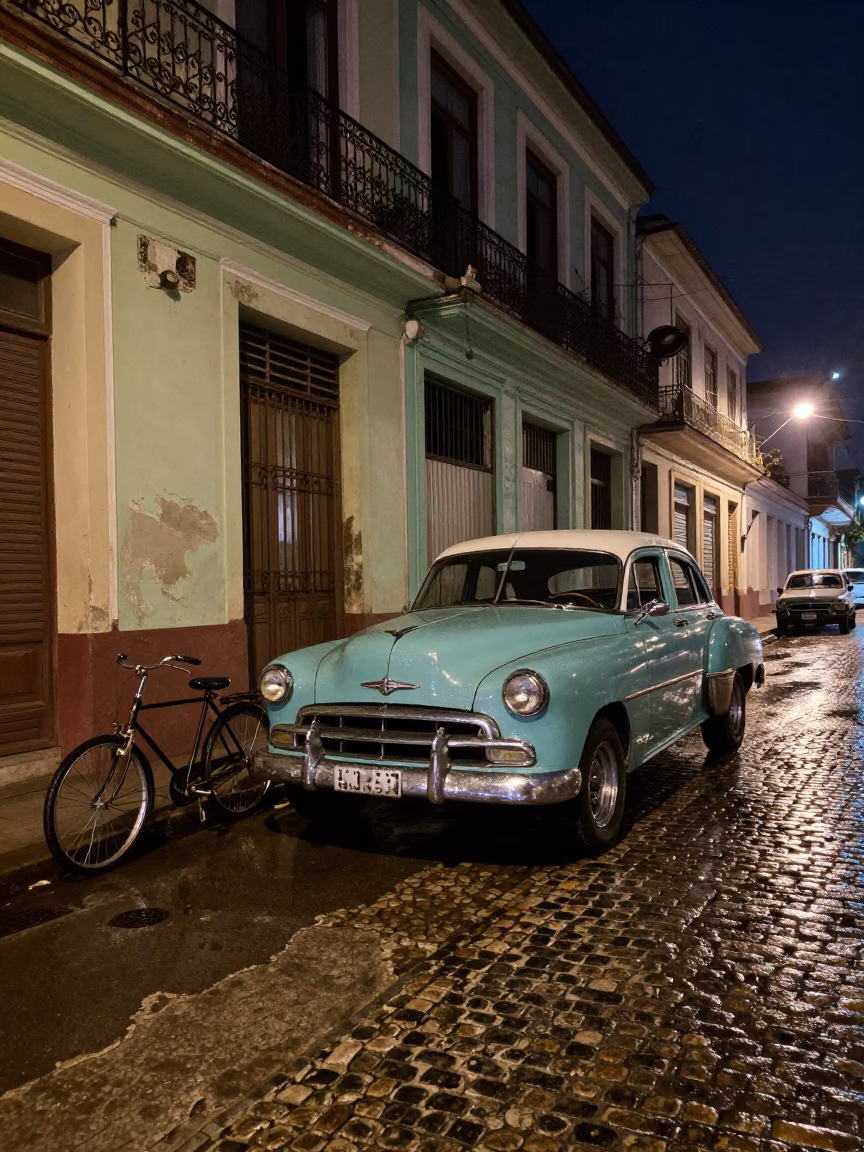 Midnight Havana Street Scene With Bicycle And Classic Car Detail in in Havana, Cuba