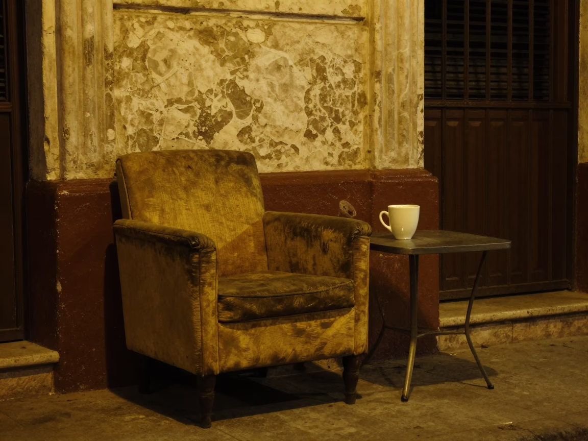 Midnight Havana Street Scene with Ceramic Cup and Armchair in Historic District in in Havana, Cuba